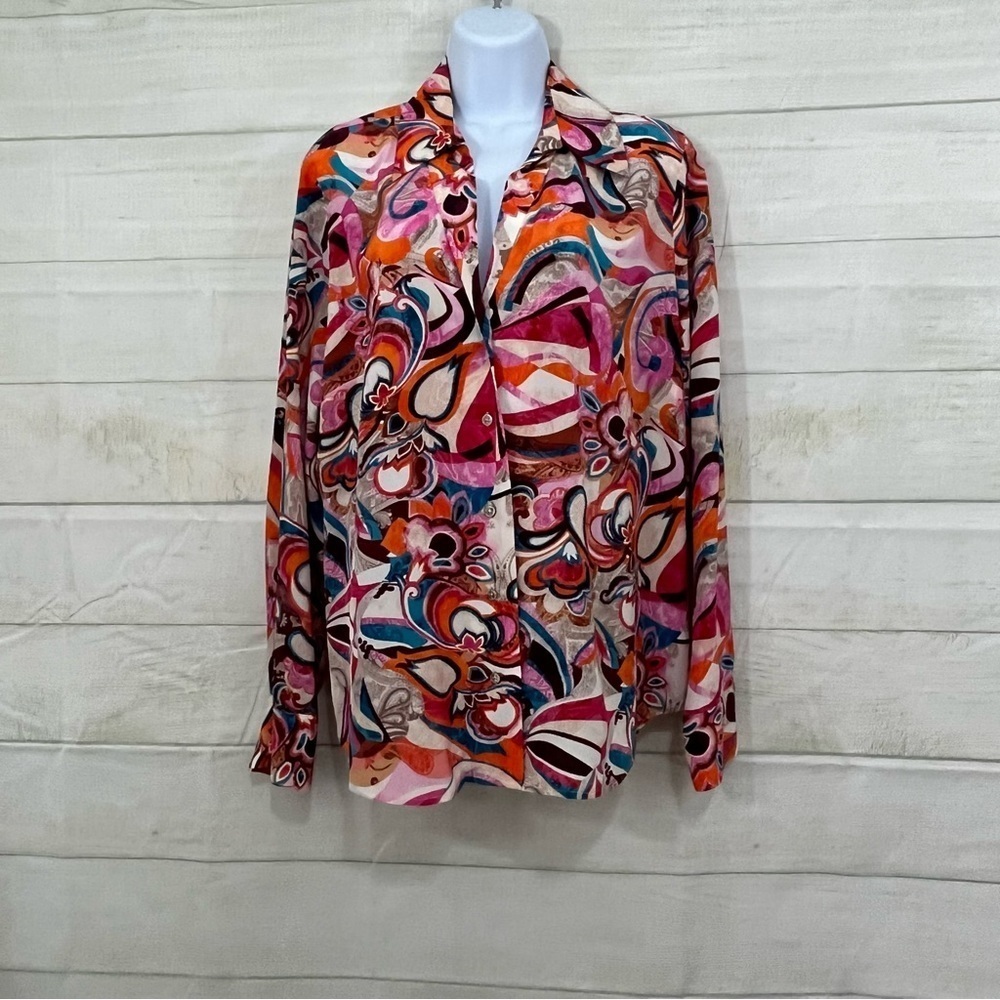 Etcetera Multicolor Paisley 100% Silk Button Front Long Sleeve Blouse